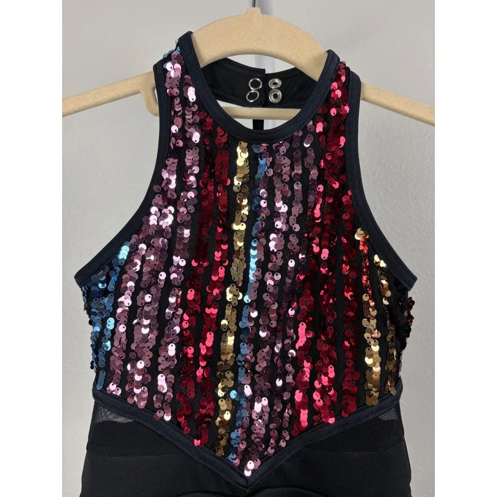 Weissman IC Kids Sequin Rainbow Stripe Dance Costume Skater Dress Black Jazz